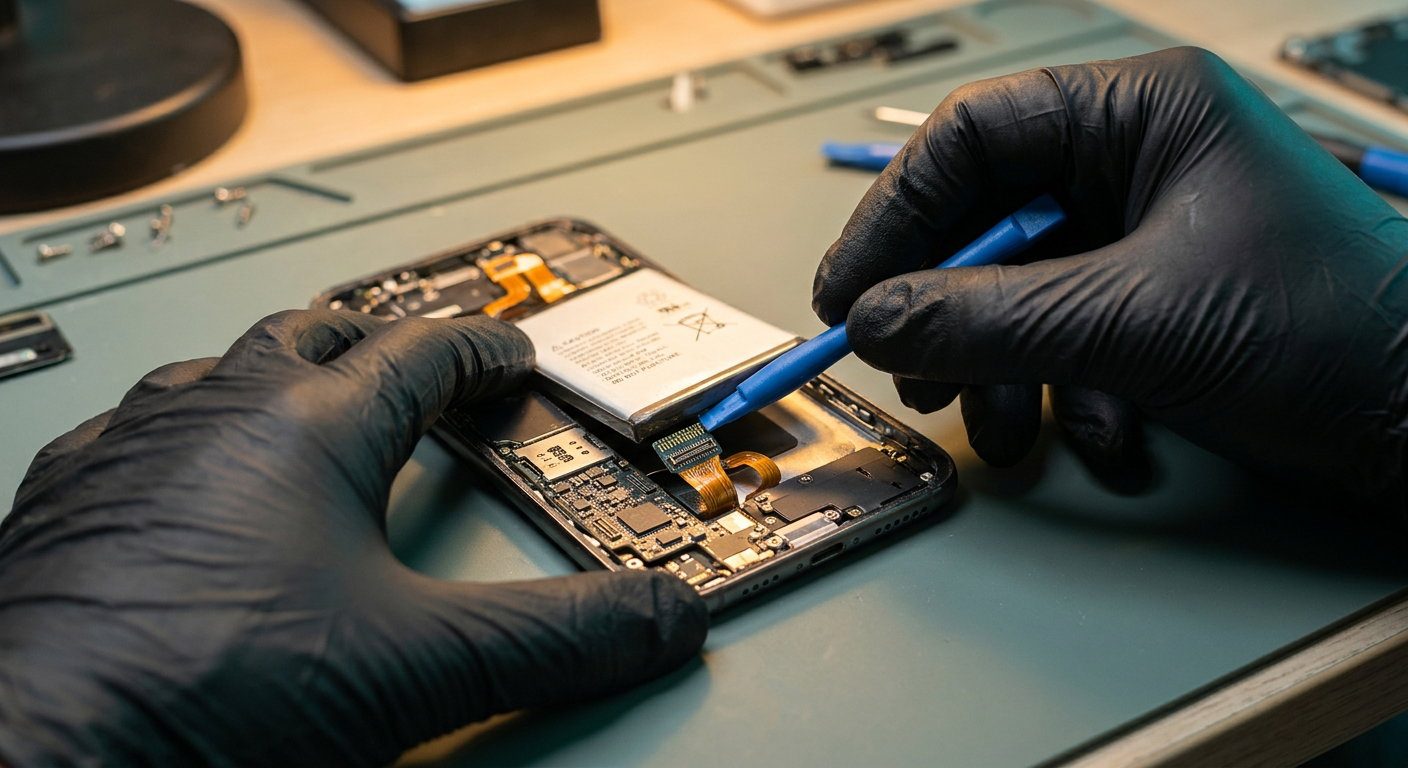技師戴著防靜電手套，以塑膠撬棒小心取出鋰電池的近距離特寫