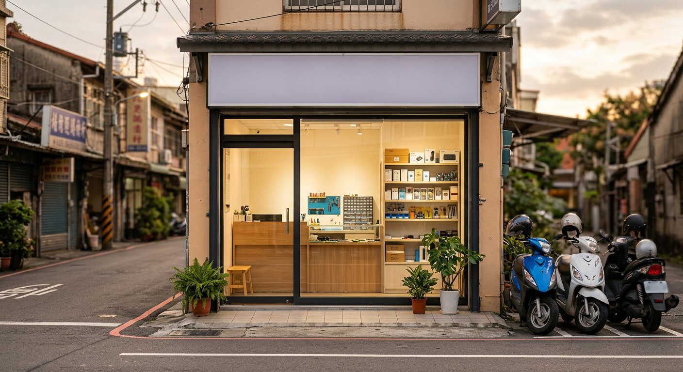 武田手機快修店面外觀，大片玻璃門窗可看見店內整齊的維修櫃檯與零件層架