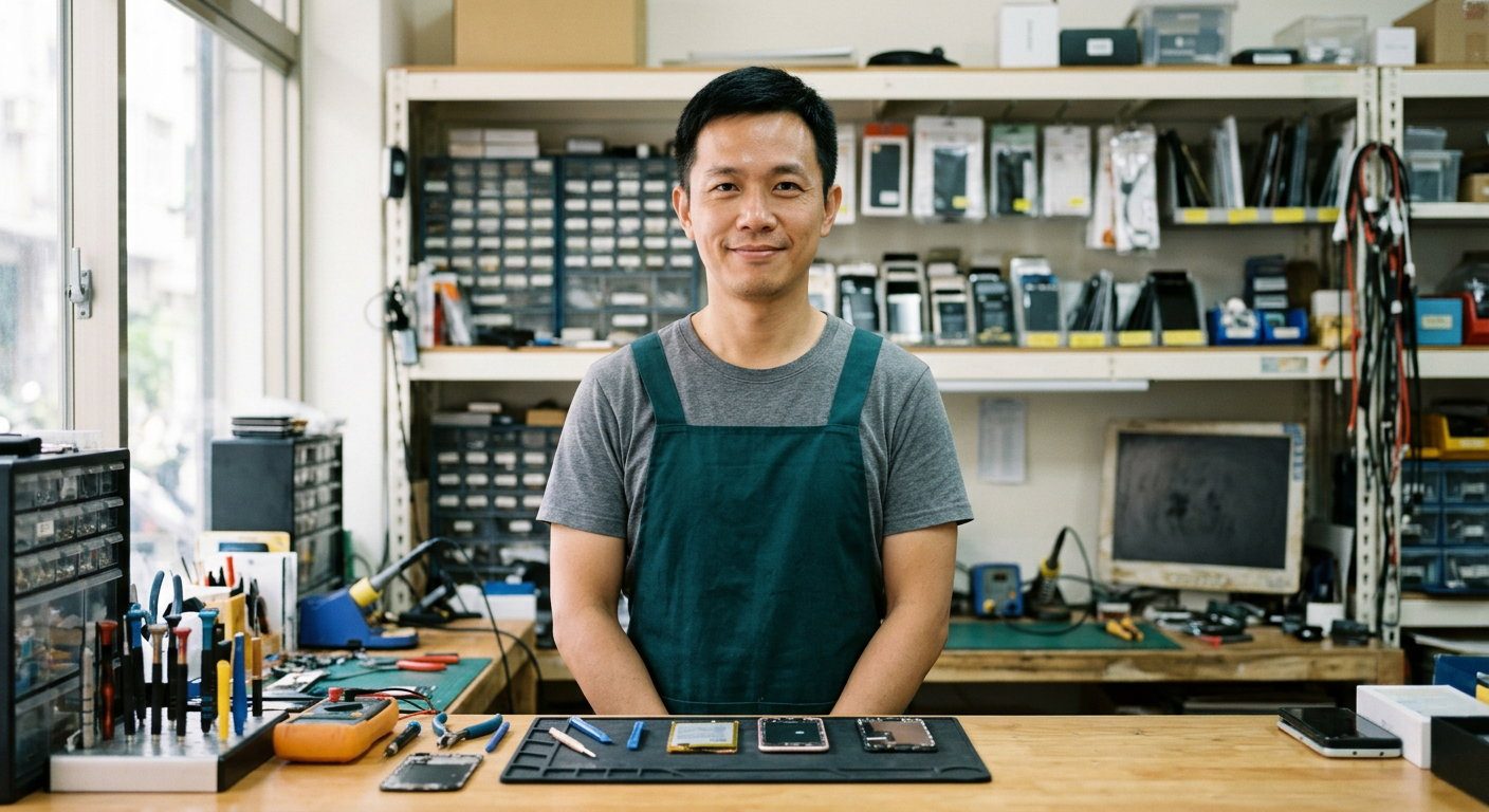武田手機快修的老闆站在維修櫃檯後方，身穿深綠色工作圍裙，背後是整齊排列的零件與工具層架